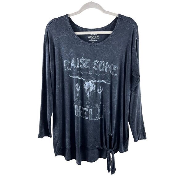 Torrid Super Soft Raise Hell Black Mineral Wash Tie Front Long Sleeve Tee 00 M - Picture 2 of 11